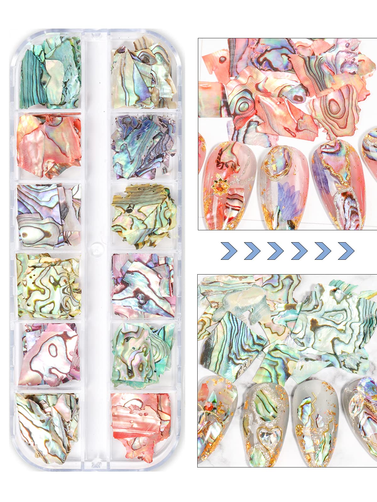 Wsimily close-up of iridescent abalone texture highlighting shimmer and multi-tone effect