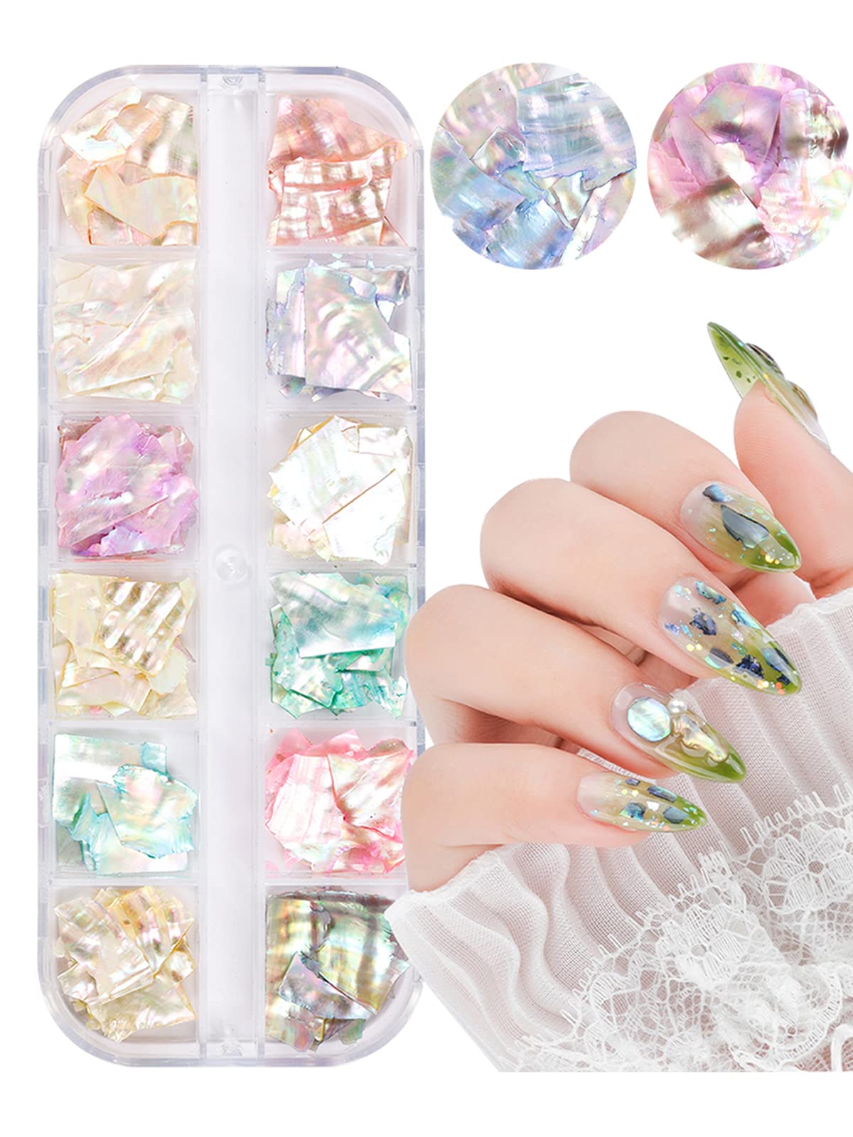 Wsimily tweezers holding a shell flake demonstrating precise placement for neat nail art