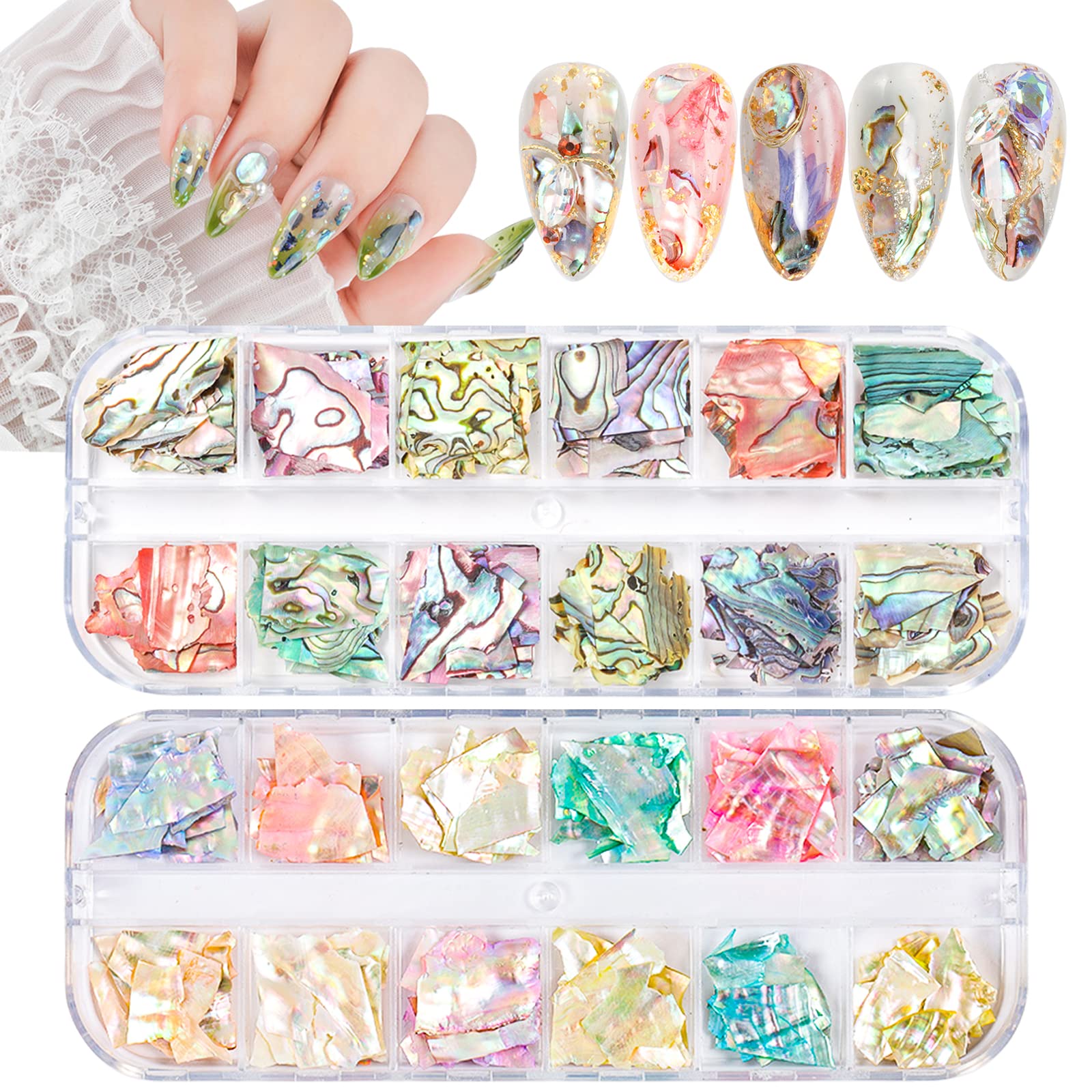Wsimily front packaging showing 24 grids of colorful abalone flakes and organization benefit