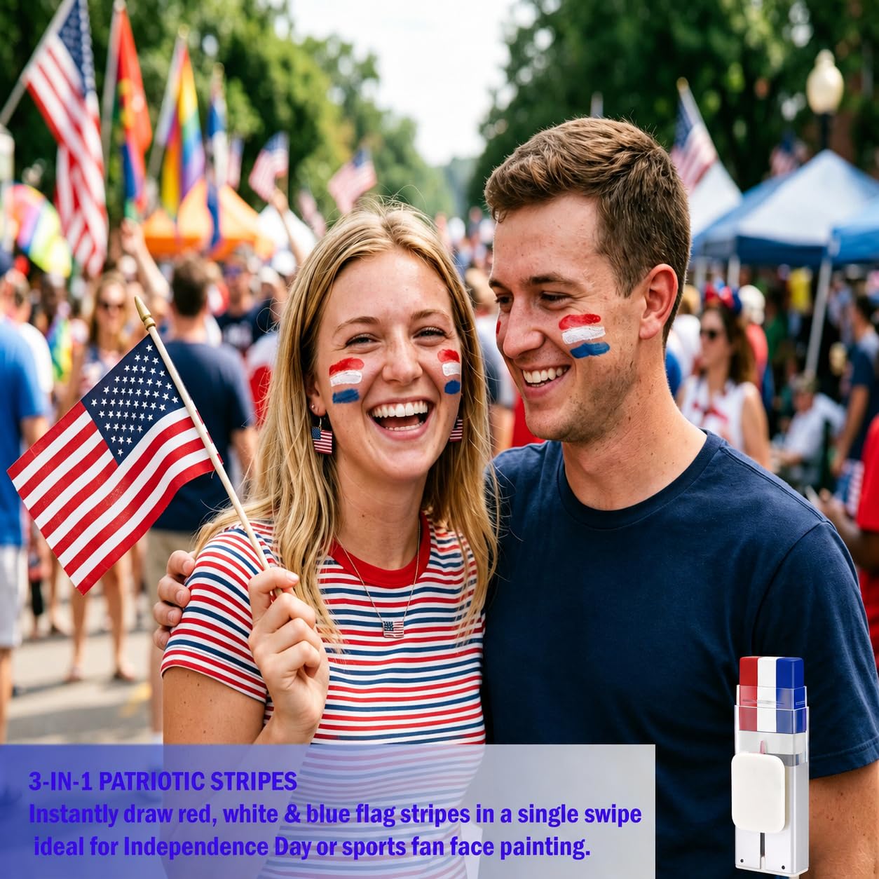 WTFACE application on cheek demonstrating fast patriotic look benefit