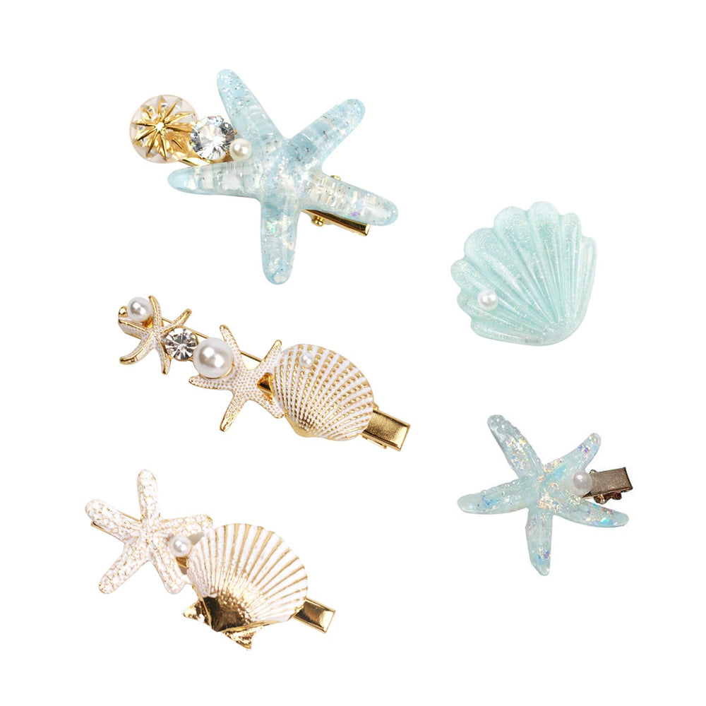 Wthree front view of five shell pearl starfish clips showing set benefit of coordinated styling