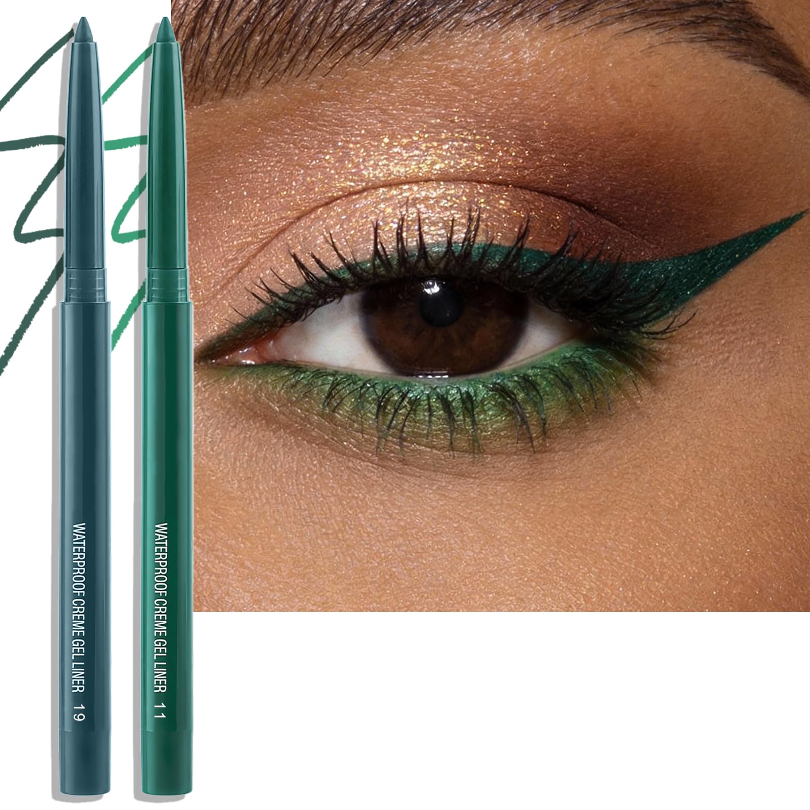 Wugbc front view of two green eyeliner pencils showing color and design for easy selection