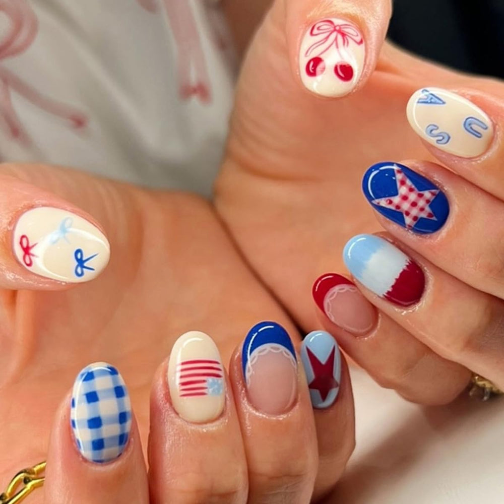 WUHCIM front packaging showing patriotic press-on nails and accessories for fast application