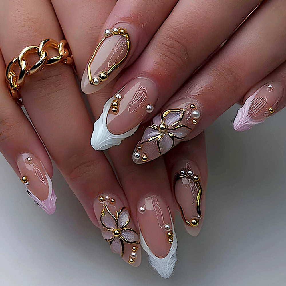 WUHCIM front packaging showing almond press-on nails, polished look benefit