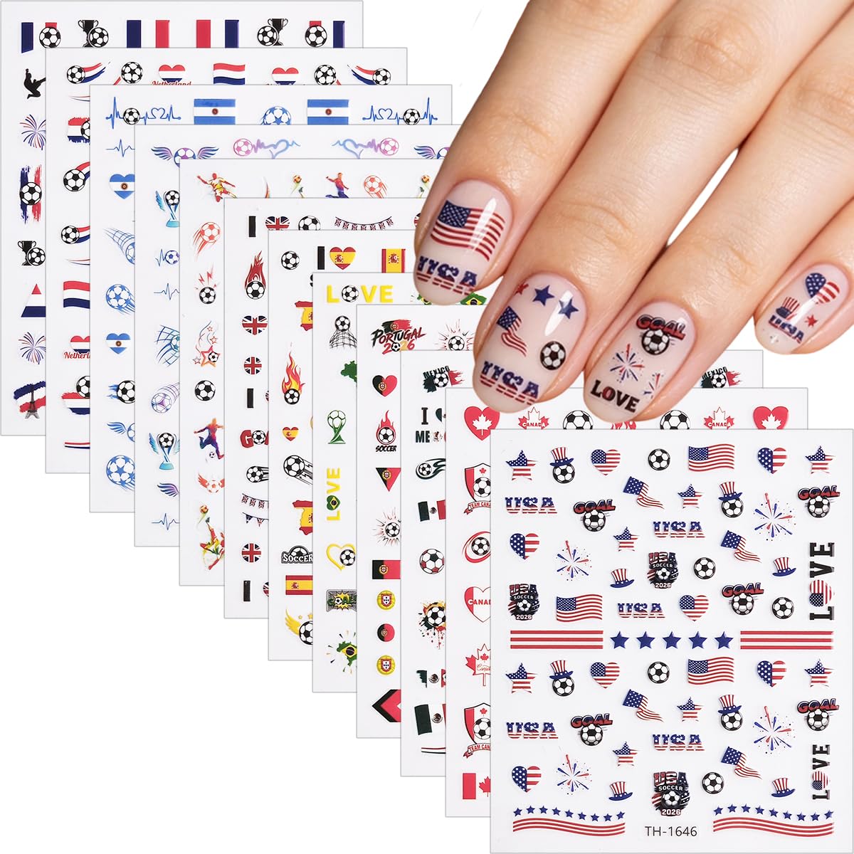 WUHCIM front packaging showing 12-sheet soccer decal set and easy selection benefit