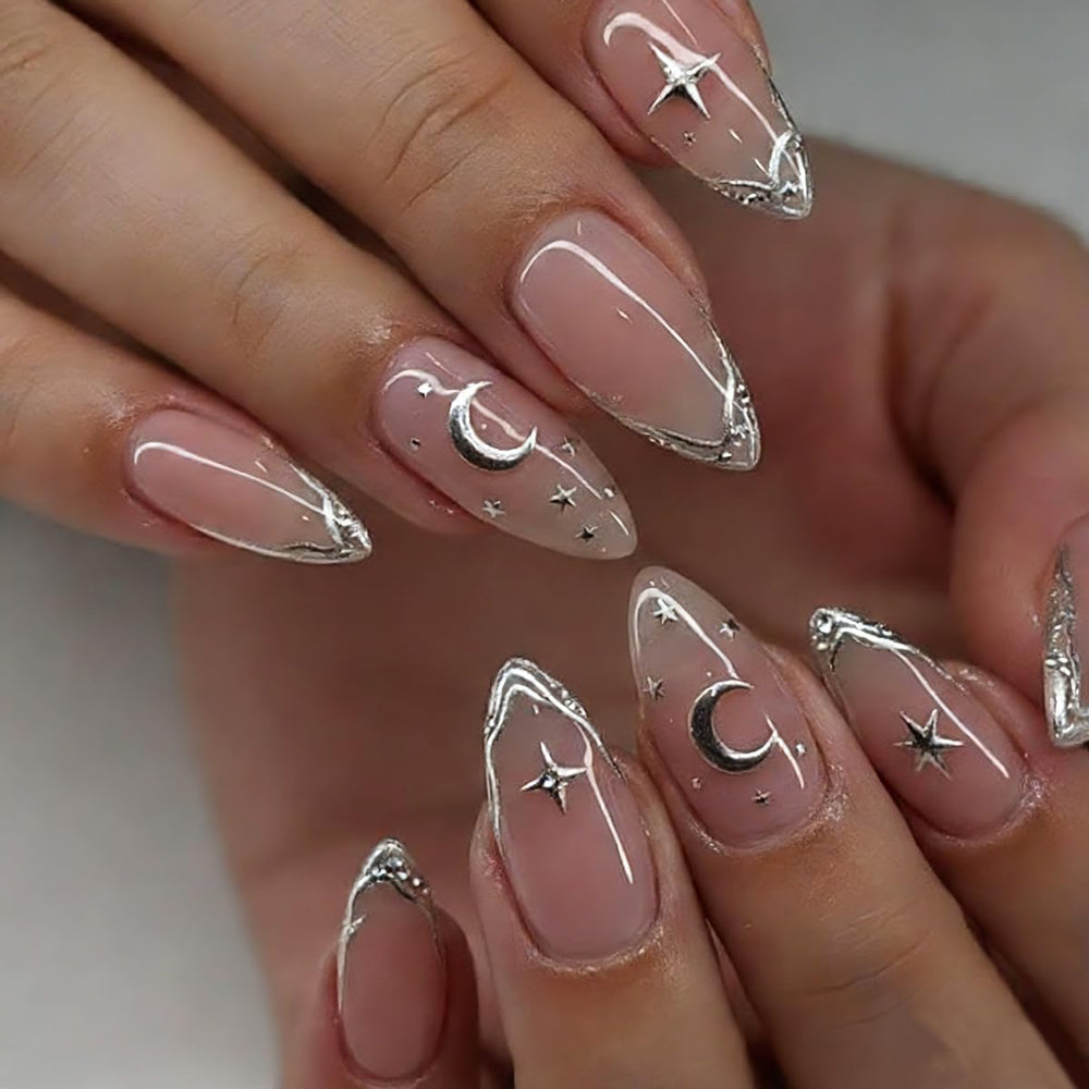 WUHCIM front packaging showing 24pcs silver French tips and accessories for quick salon results