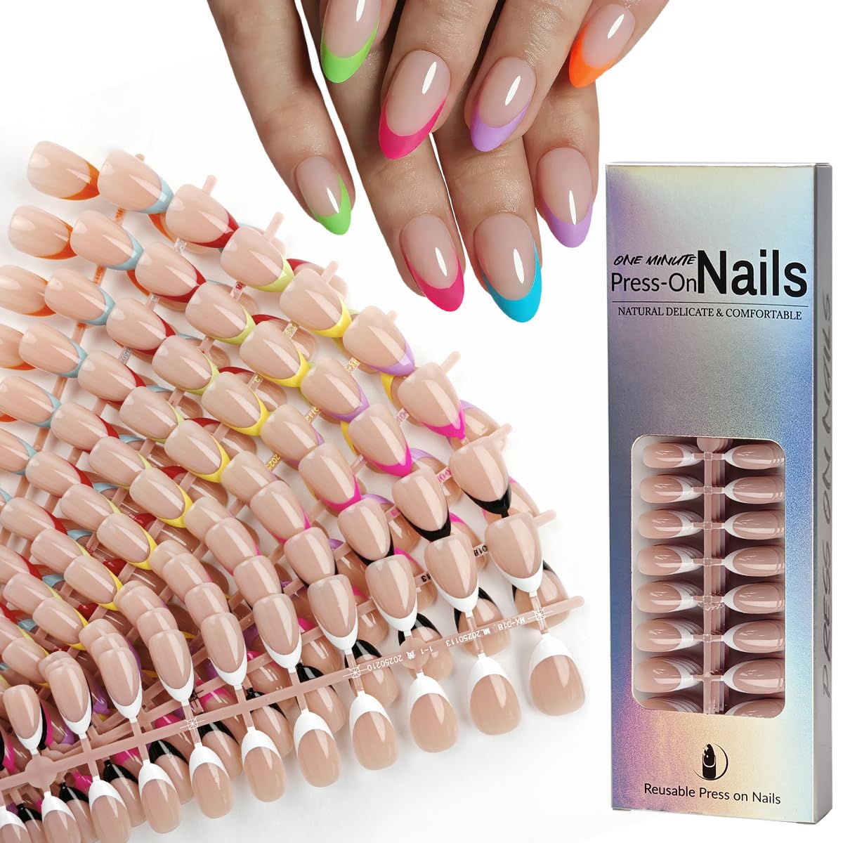 WUHCIM front packaging showing 216-piece press-on nail set and colorful French tips