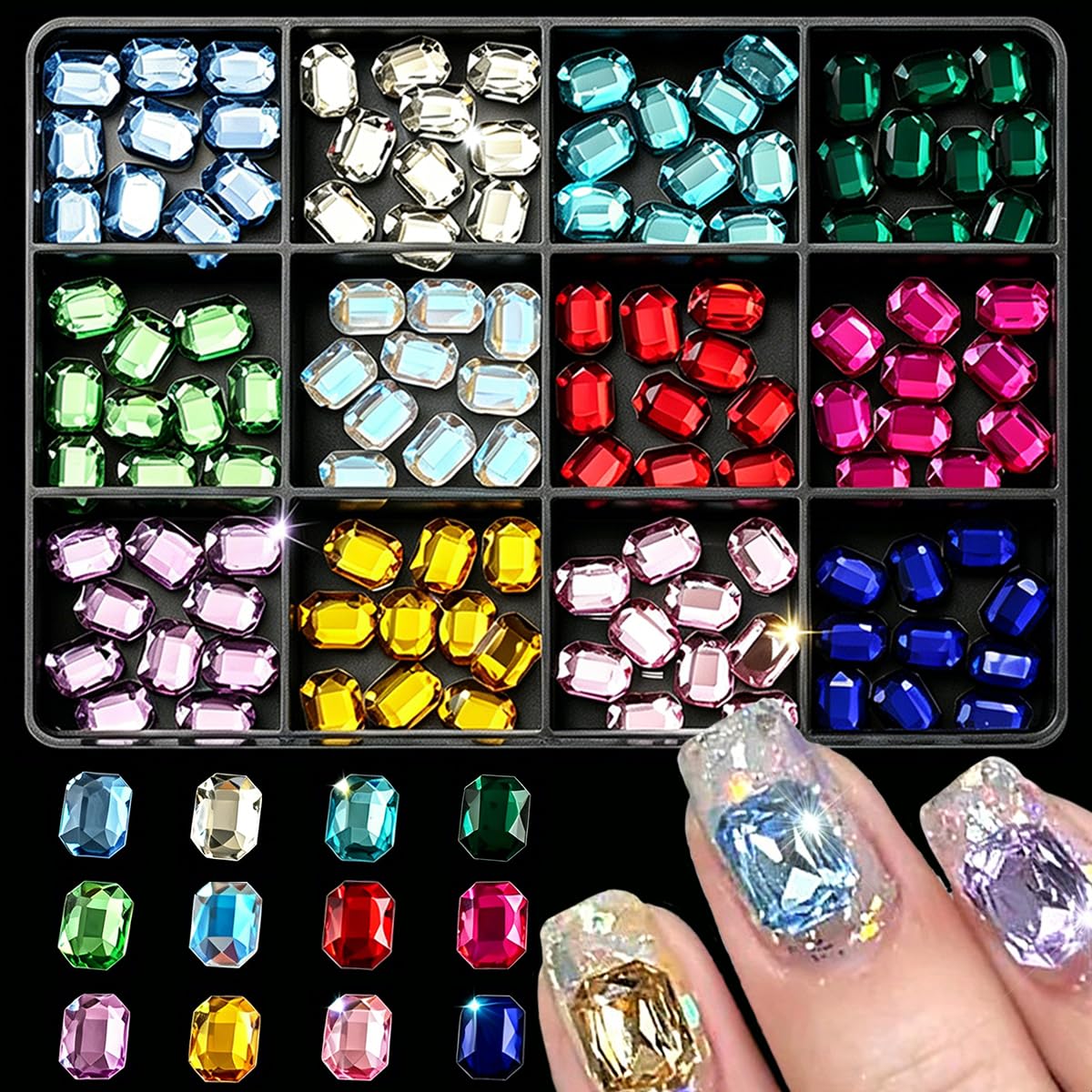 WUHCIM front packaging showing box of 120 colorful rhinestones and tweezers for easy storage