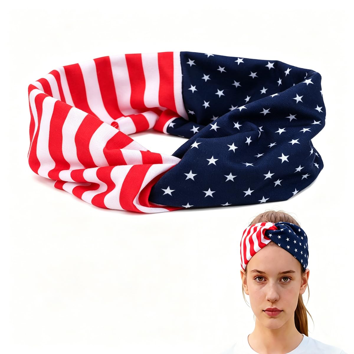 Wuhetyo headband front view showing bold flag knot and festive appeal