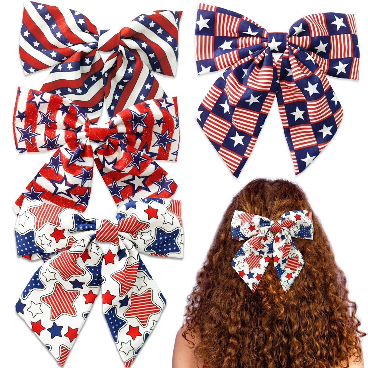 WUIIOE front view of patriotic bow showing star stripe pattern and festive look