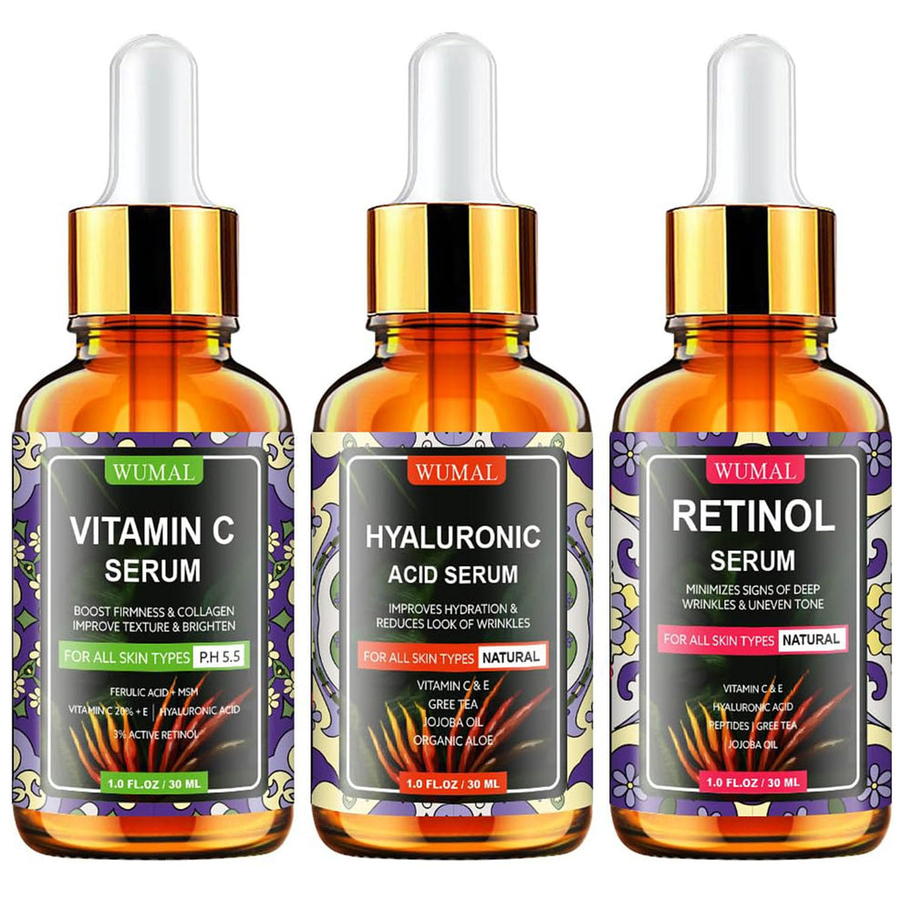 WUMAL three serum bottles front view showing set benefits