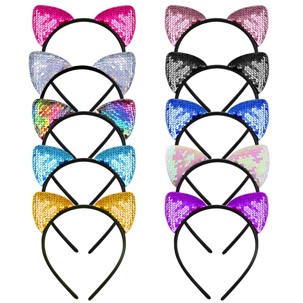 WXJ13 front view of ten cat ear headbands showing colors and packaging benefit: ready-to-gift