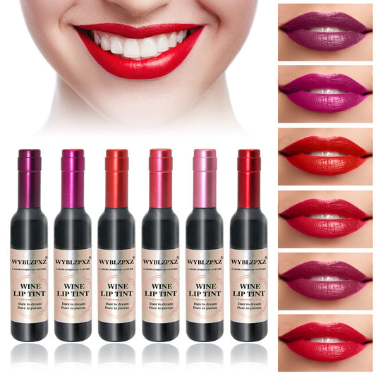 WYBLZPXZ front packaging showing six wine lip tint bottles and shades for variety