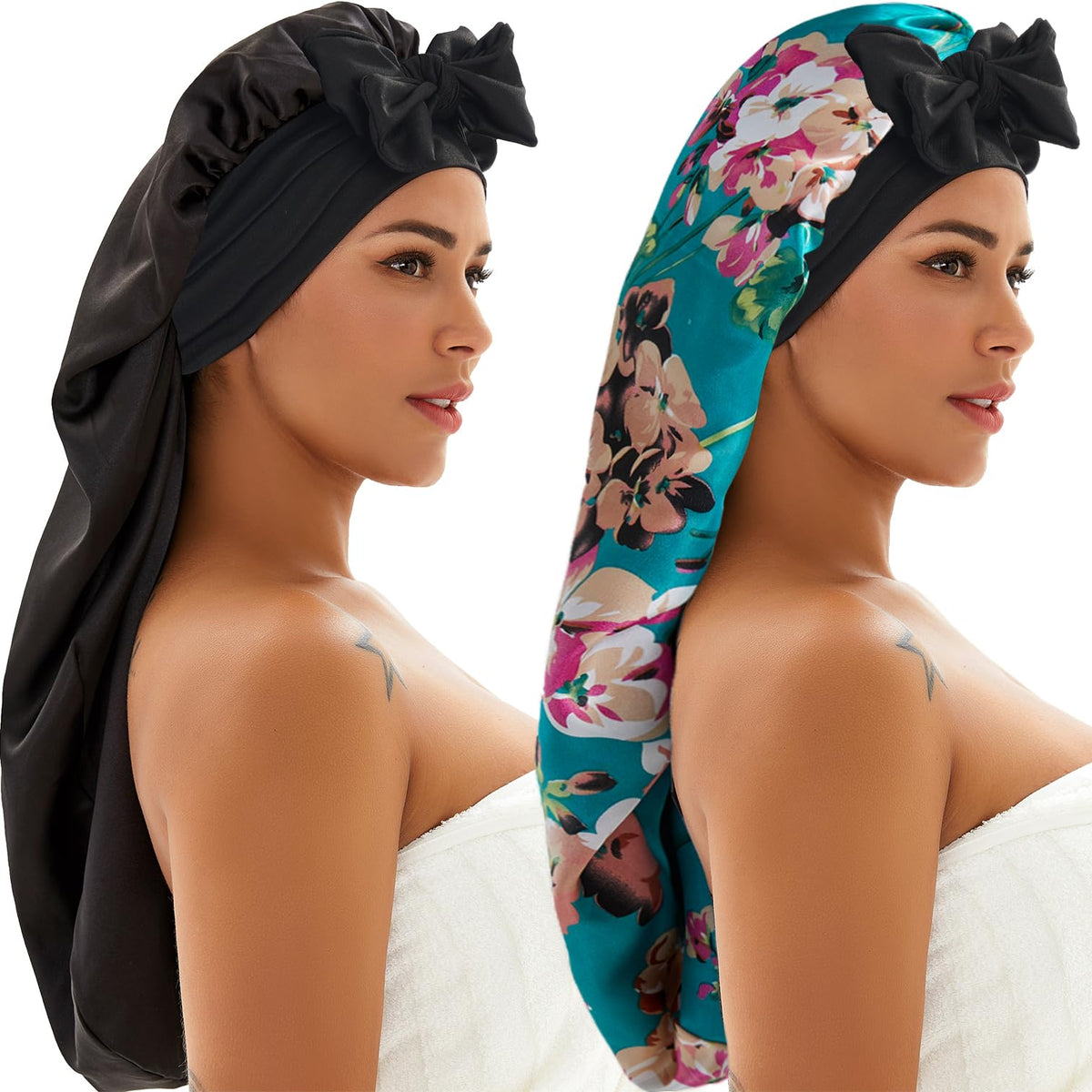Wzl Wlg bonnet front view showing black and floral set, protects styles