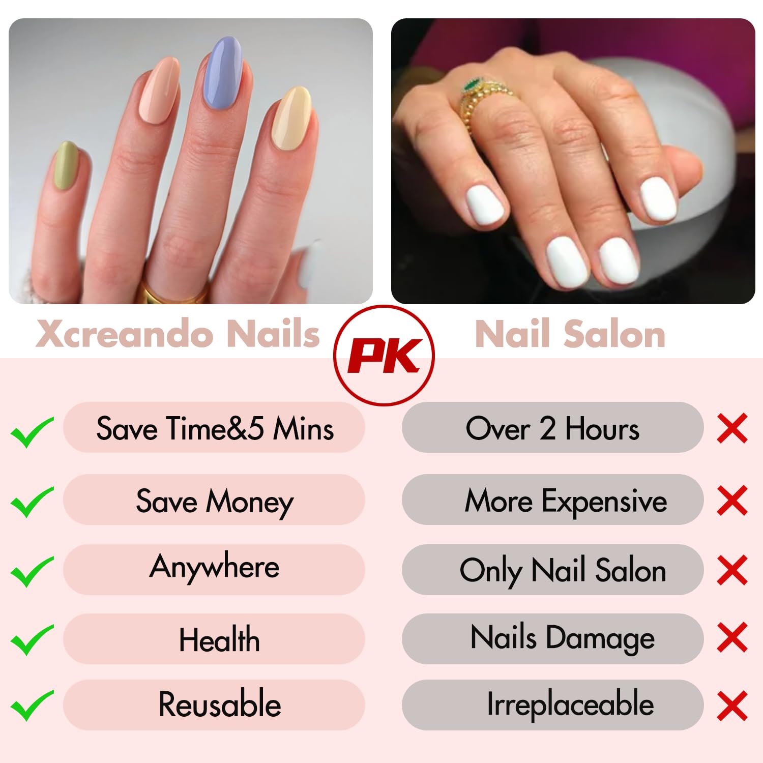 XCREANDO hand scale comparison showing realistic short almond length