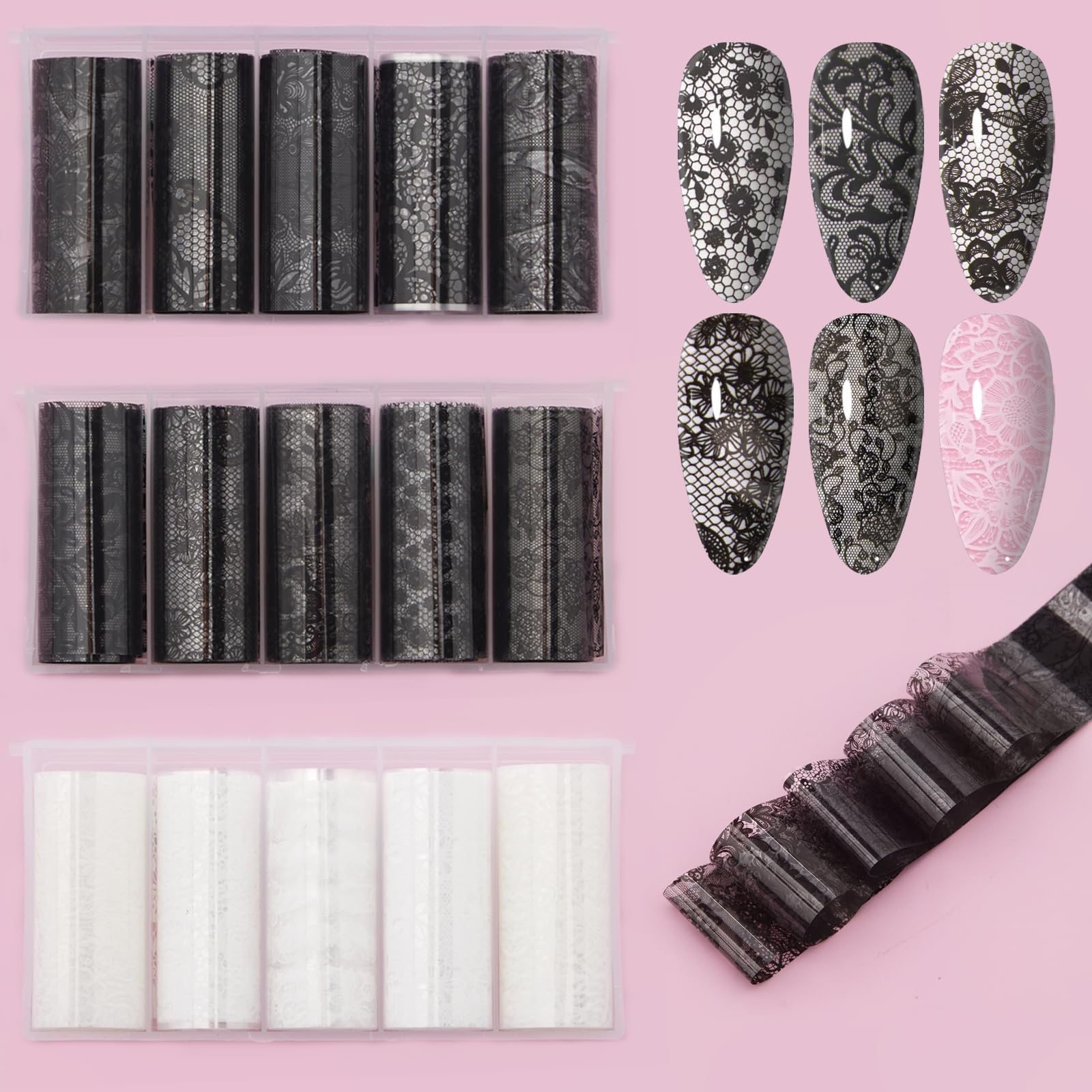 XEAOHESY packaging showing 15 lace foil rolls and three boxes for neat storage benefit