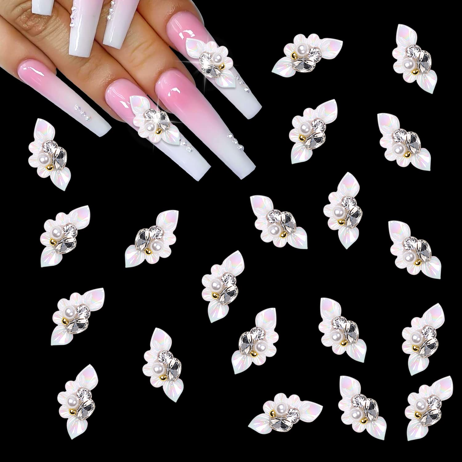 XEAOHESY front packaging showing 20 white flower nail charms and branding benefit: ready-to-use accents