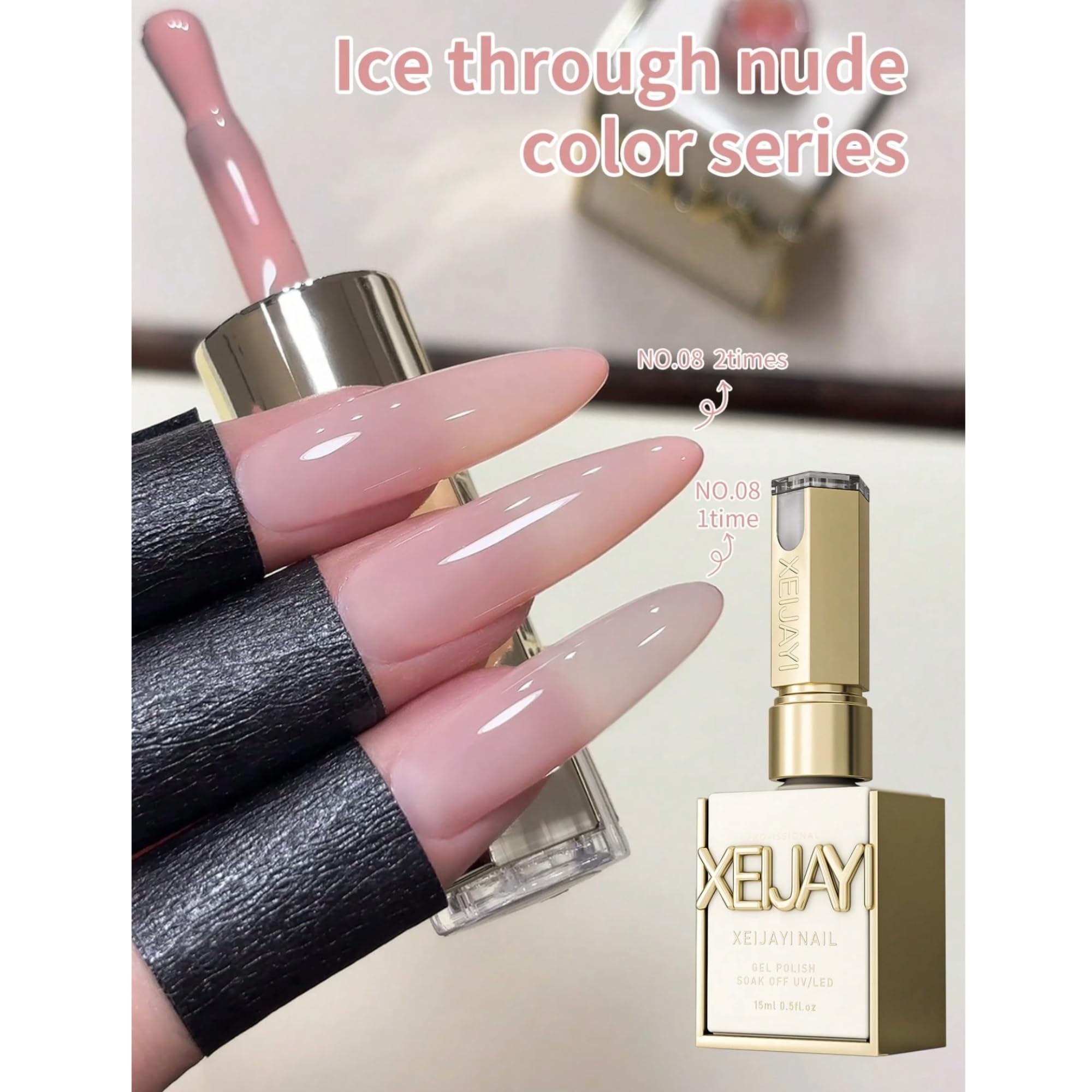 Xeijayi brush stroke on nail swatch demonstrating buildable sheer-to-opaque coverage benefit
