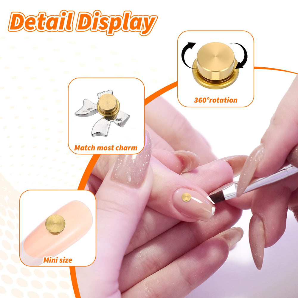 Xelsluthe gold charms mounted on acrylic nail, demonstrates visual effect