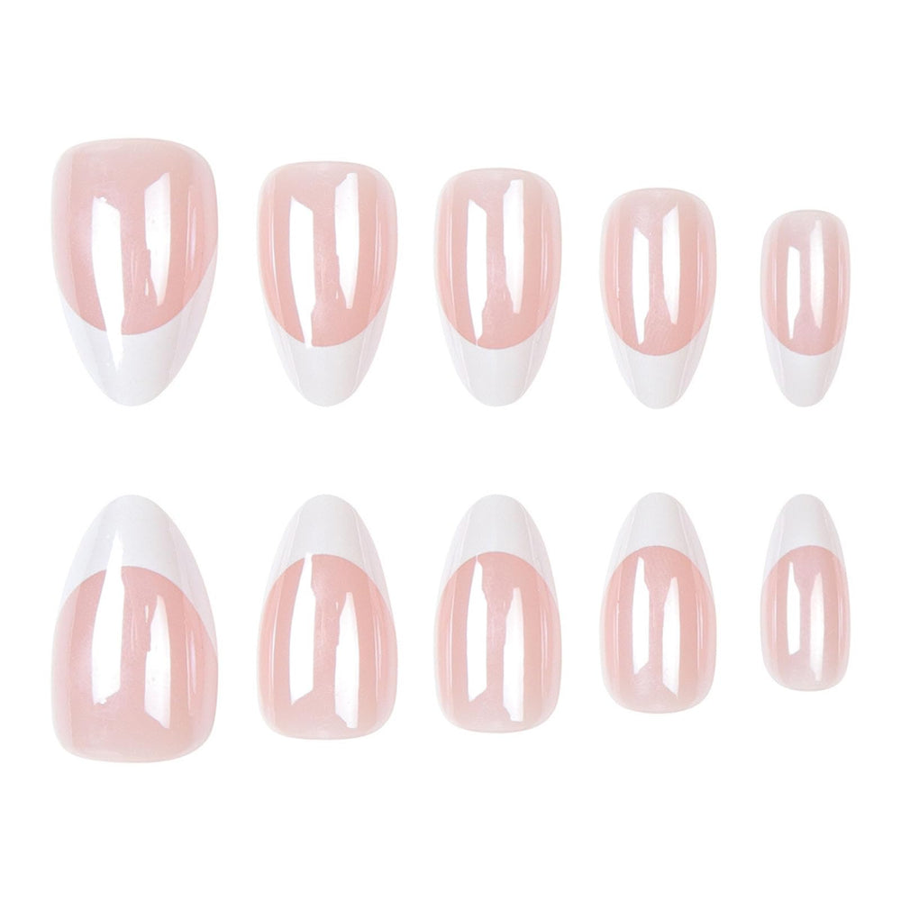 Xenophoer close-up of glossy white French tip and light pink base for clean look