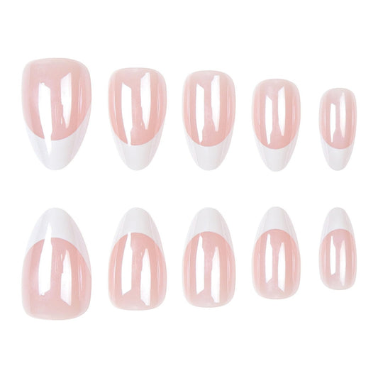 Xenophoer close-up of glossy white French tip and light pink base for clean look