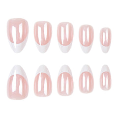 Xenophoer close-up of glossy white French tip and light pink base for clean look