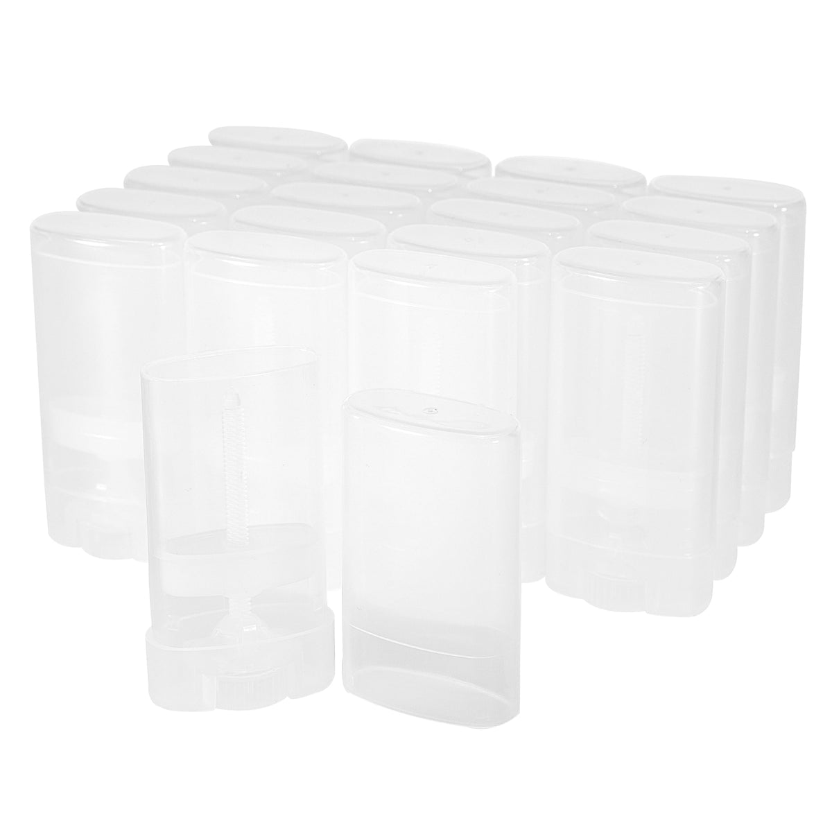 Xiboya textile front view of 20 clear lip balm tubes showing transparent bodies and white caps for easy identification