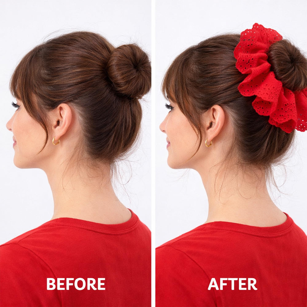 Xicer scrunchie in a styled bun with outfit for wearable everyday flair