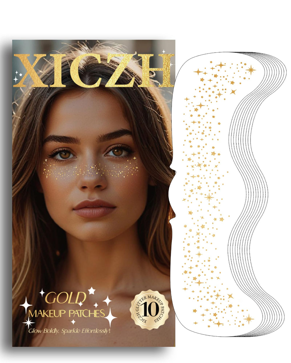 XICZH front packaging showing 10 gold face glitter pieces and brand