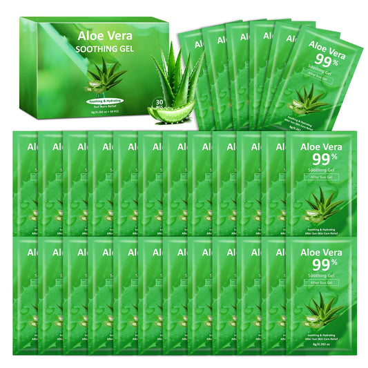 XINGXYUEL front packaging showing 30 travel aloe packets and benefits