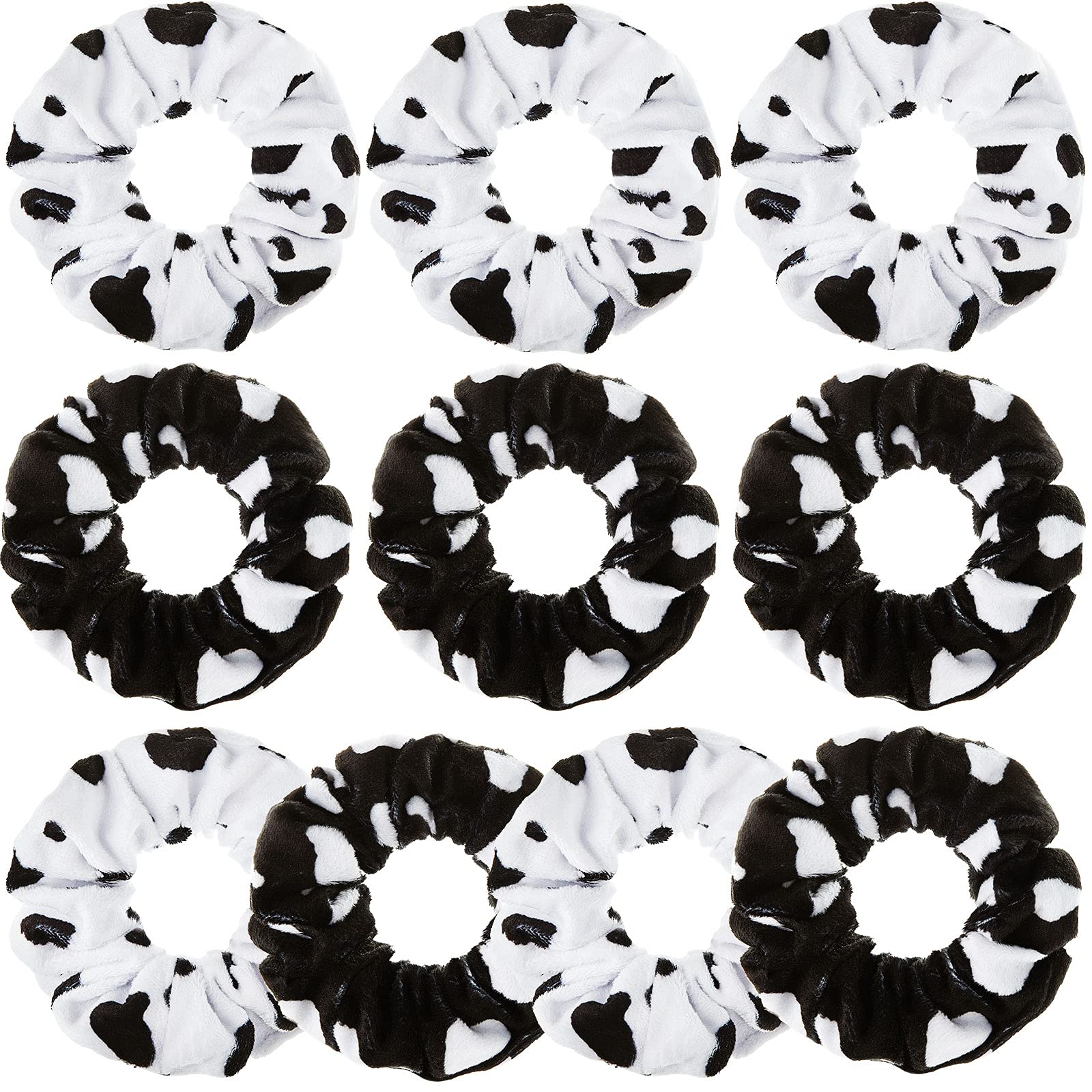 Xinnun front packaging showing ten cow-print scrunchies, good for parties