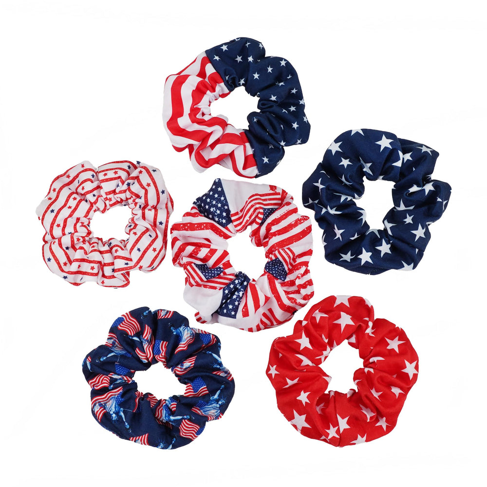 Xinsoloyue front packaging showing six patriotic scrunchies for festive styling