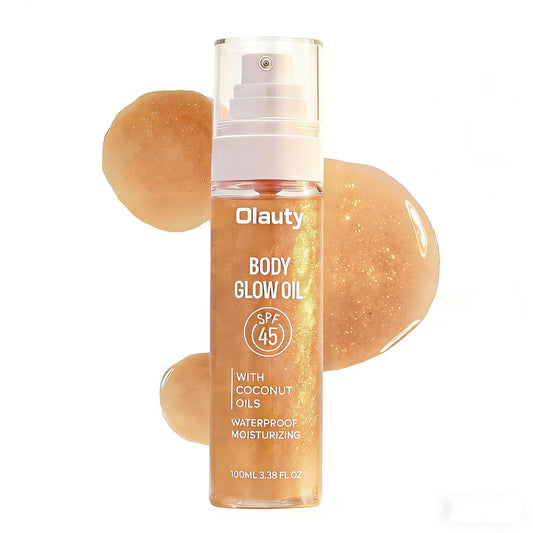Xiuxixu bottle front view showing amber glow and SPF 45 protection benefit