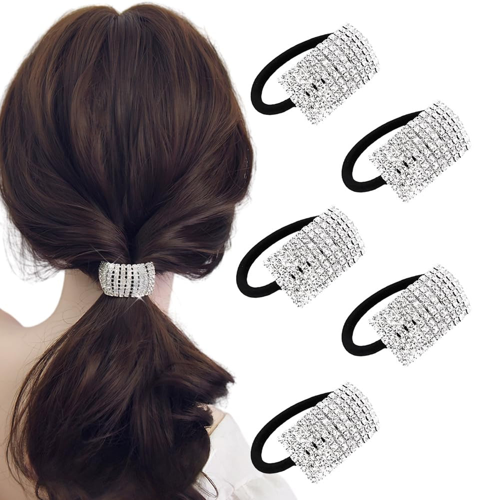 Xiwstar front view of five hair ties showing packaging and sparkle benefits
