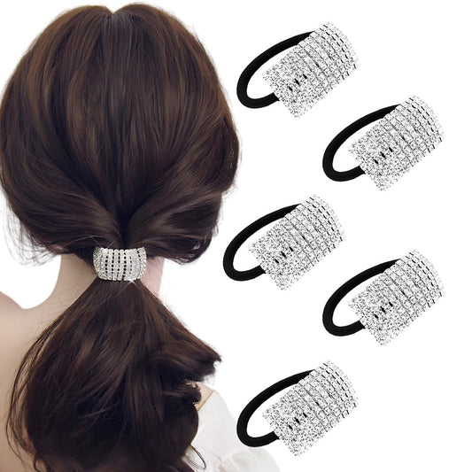 Xiwstar front view of five hair ties showing packaging and sparkle benefits