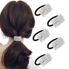 Xiwstar front view of five hair ties showing packaging and sparkle benefits