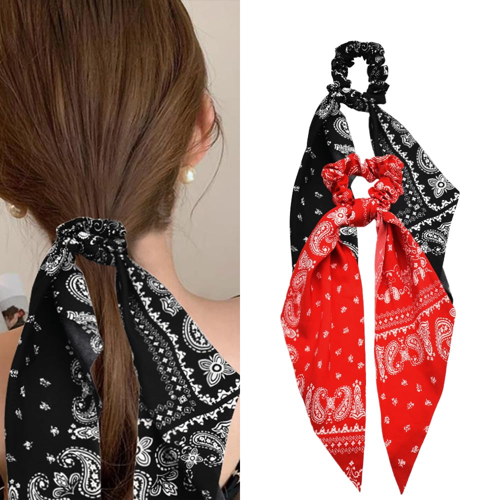 Xiyantiji front view of red bandana scrunchies showing paisley pattern and packaging benefit