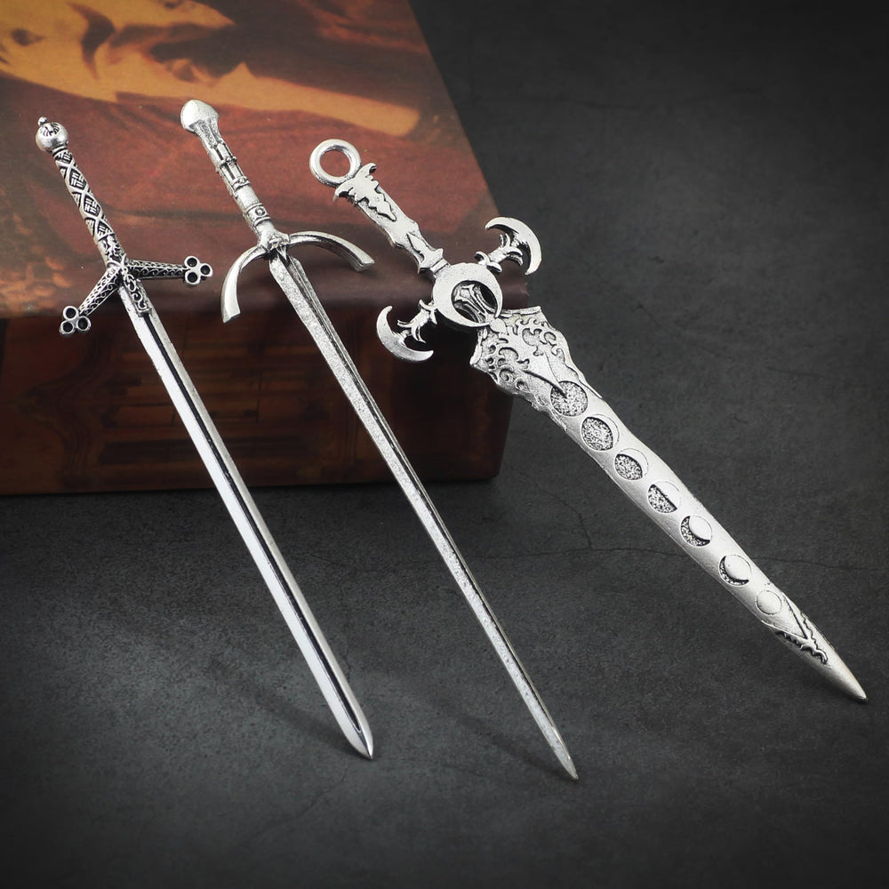 XJYHDY hand holding a sword hair pin to show size and scale