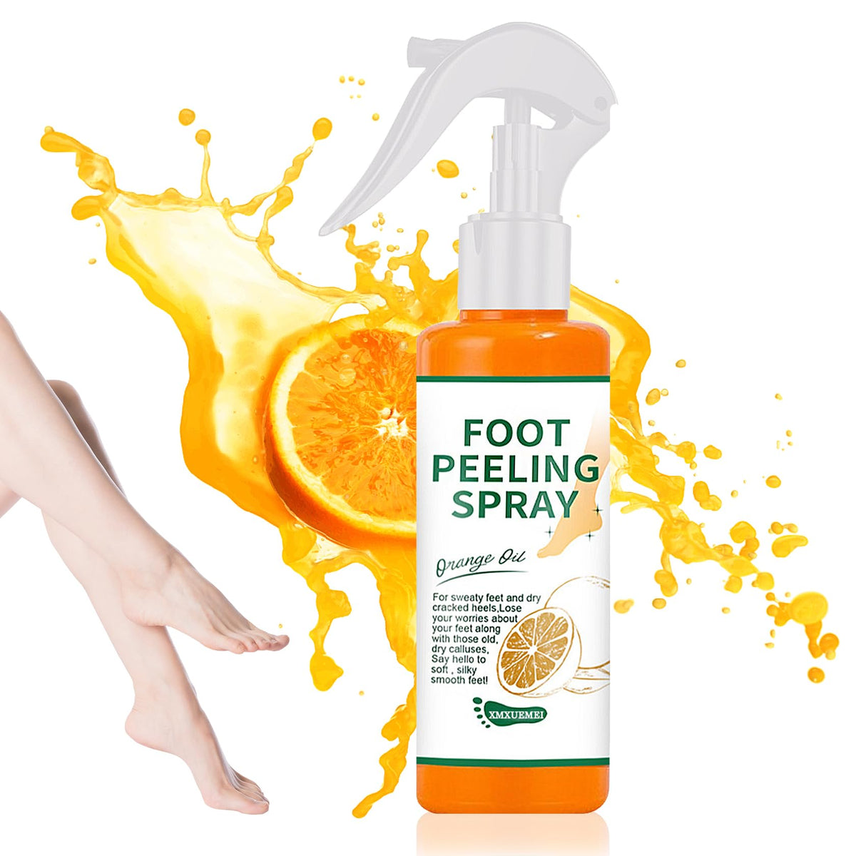 XMXueMei front packaging showing orange foot peel spray and benefits