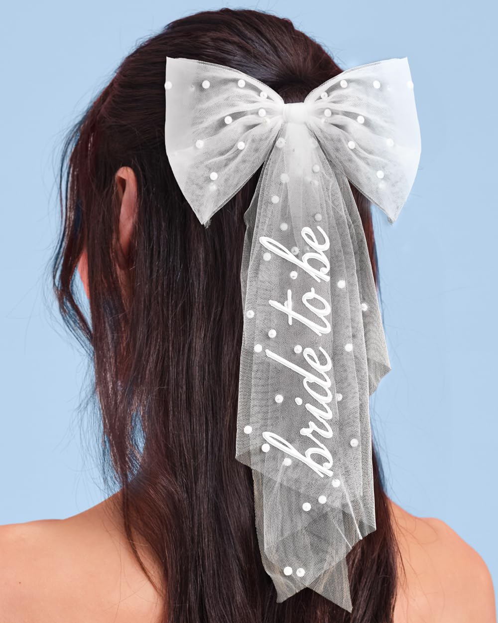 xo, Fetti front view of bow showing tulle and pearls for bridal impact