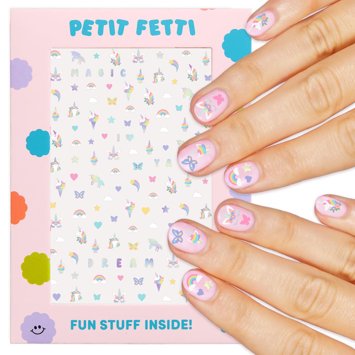 xo, Fetti front packaging showing colorful unicorn stickers and party-ready appeal