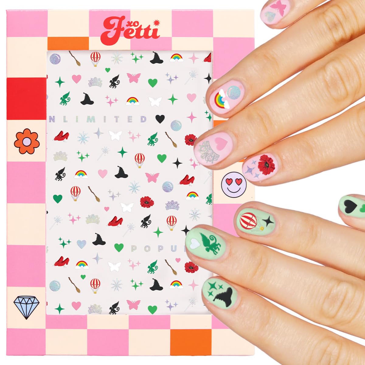 xo, Fetti front packaging showing 604-piece sticker set and colorful artwork for quick party manis