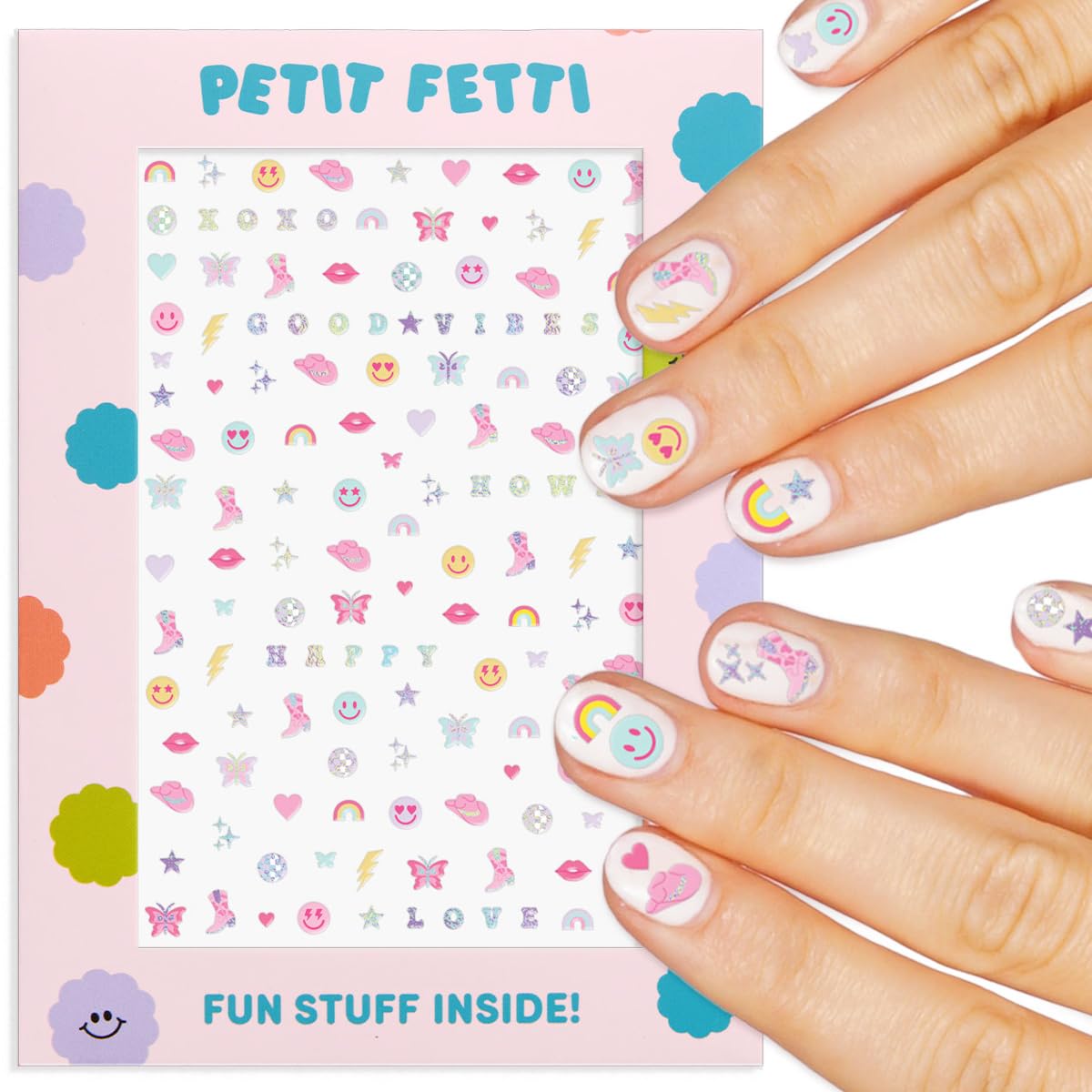 xo, Fetti front packaging showing 496 stickers and party-ready design benefits