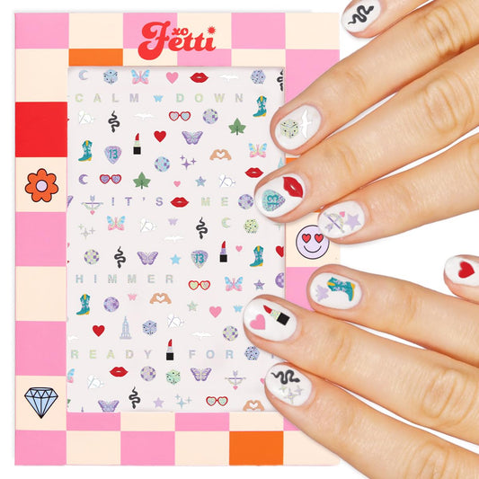 xo, Fetti front packaging showing four 3x4 sticker sheets for parties and mani convenience