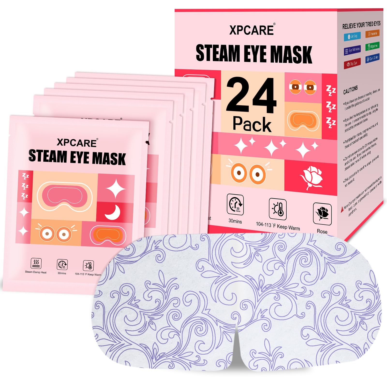 XPCARE front packaging of 24 rose steam eye masks showing quantity and color, portable relief