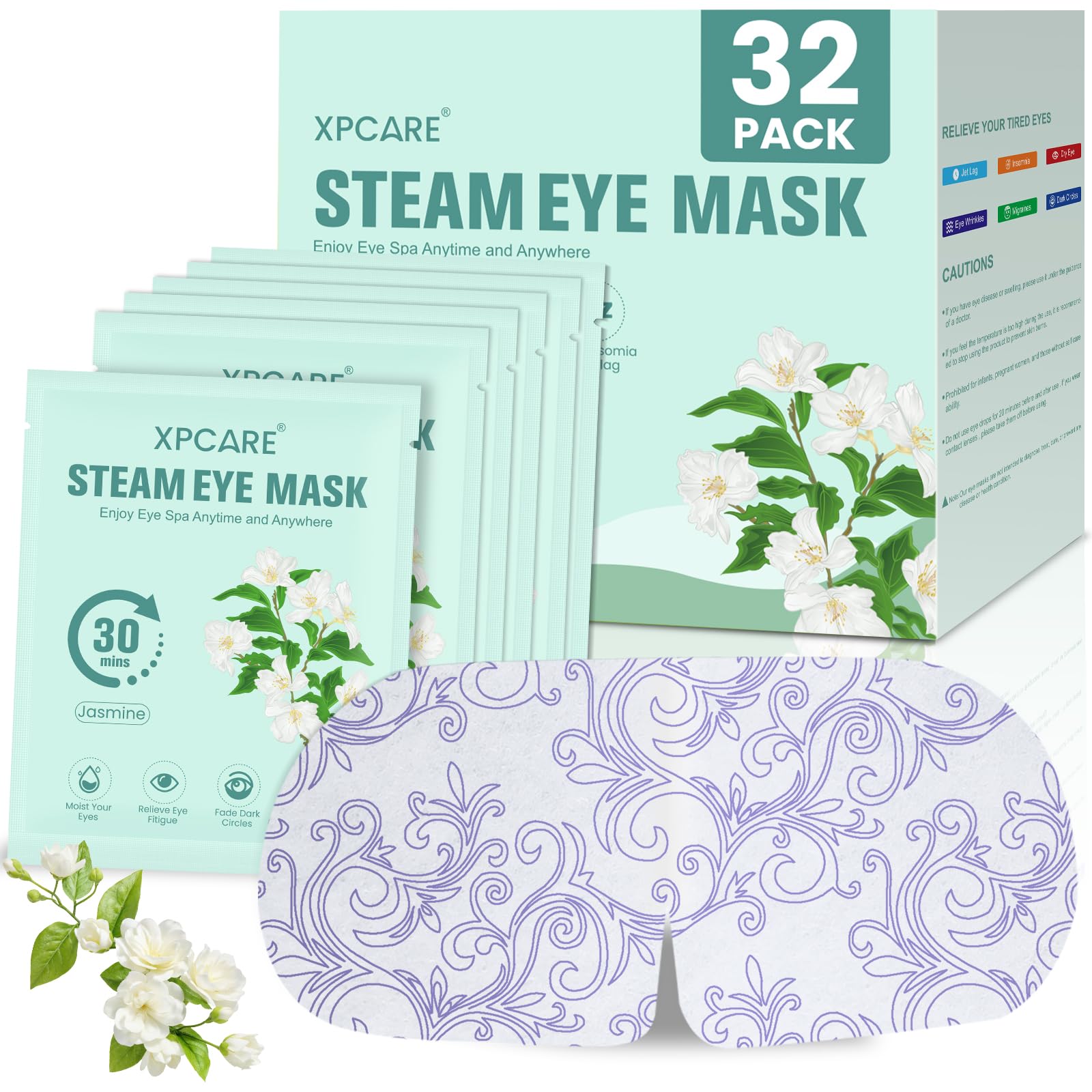 XPCARE front packaging showing 32 steam eye masks and benefits