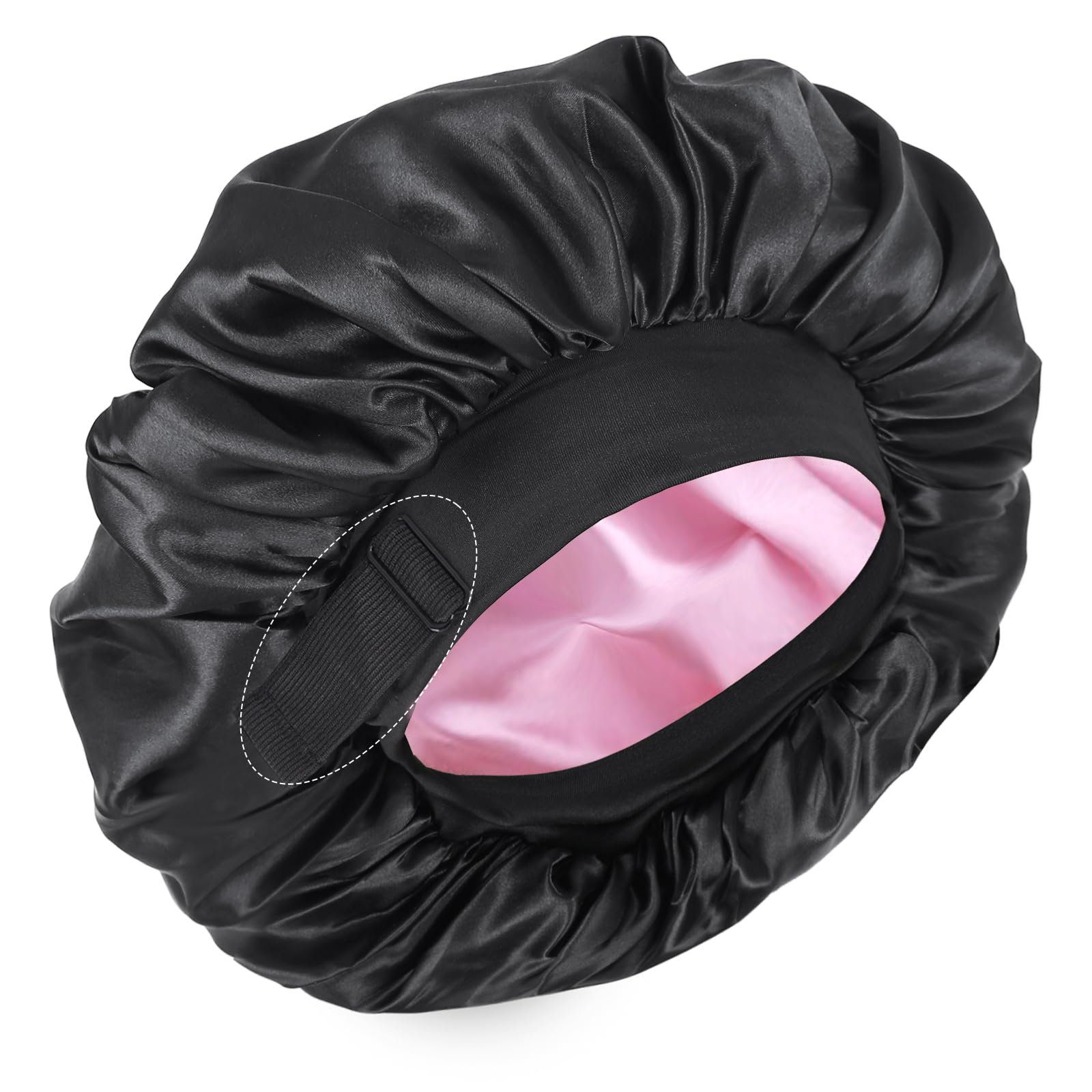 XRACEPHOL front view of reversible black and pink bonnet showing colors and fit, protects hair