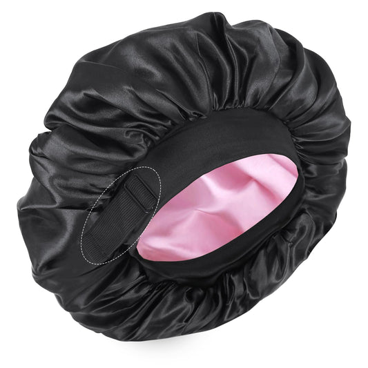 XRACEPHOL front view of reversible black and pink bonnet showing colors and fit, protects hair