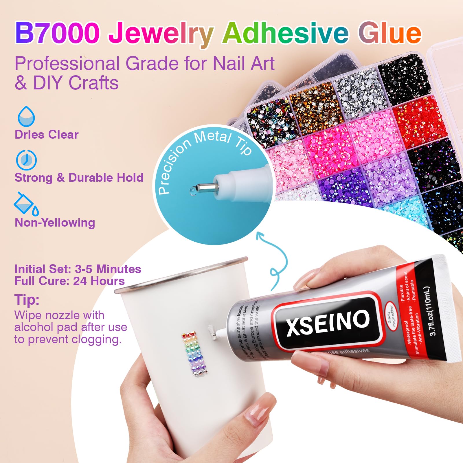 XSEINO vibrant 48-color array of 3mm flatback rhinestones for precise color matching