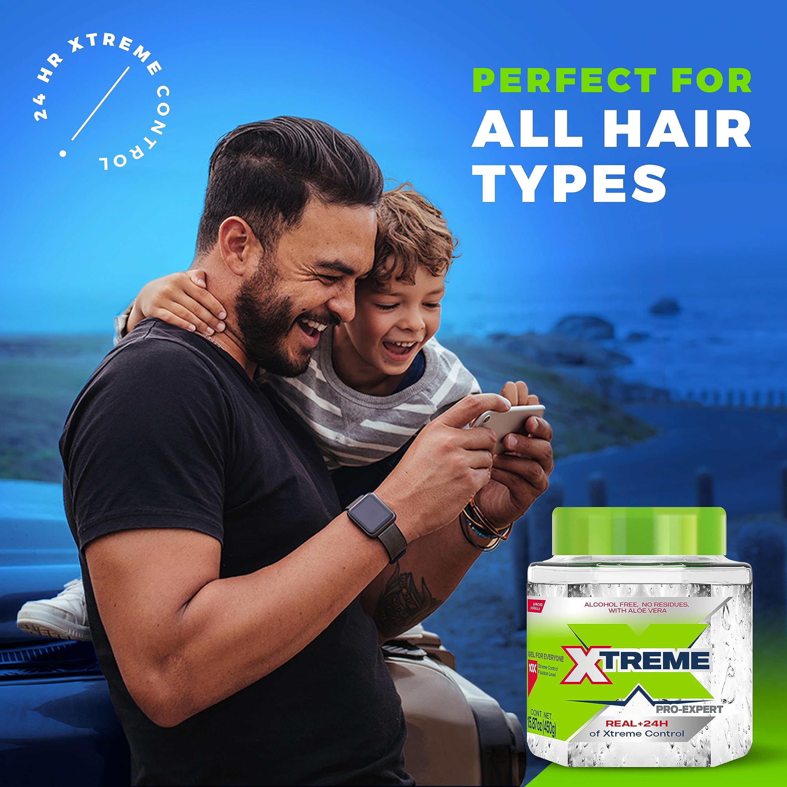 Xtreme before and after hair styling demonstrating firm hold and no flaking
